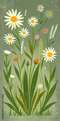 Green floral pattern with summer flowers and herbs on green background in vintage style