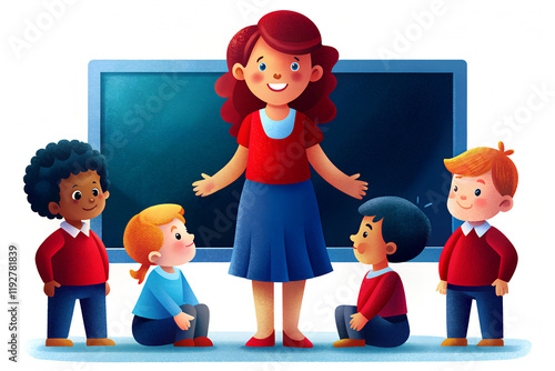 Illustrated drawing of a teacher surrounded by children and students near a blackboard in a classroom. The educational process between a teacher and students.