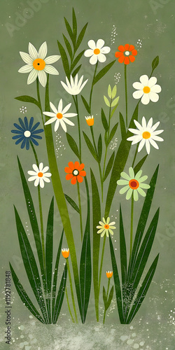 Green floral pattern with summer flowers and herbs on green background in vintage style
