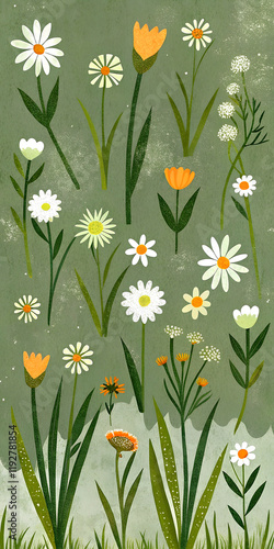 Green floral pattern with summer flowers and herbs on green background in vintage style