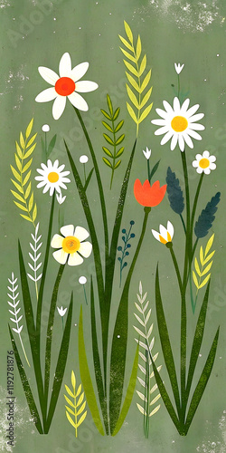Green floral pattern with summer flowers and herbs on green background in vintage style