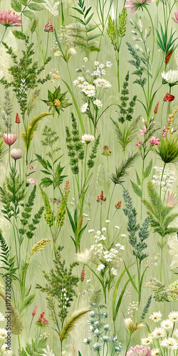 Seamless green floral pattern with summer flowers and herbs on green background in vintage style