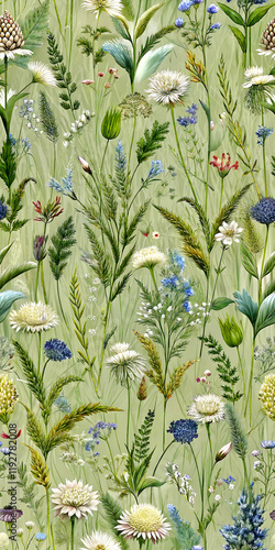 Seamless green floral pattern with summer flowers and herbs on green background in vintage style