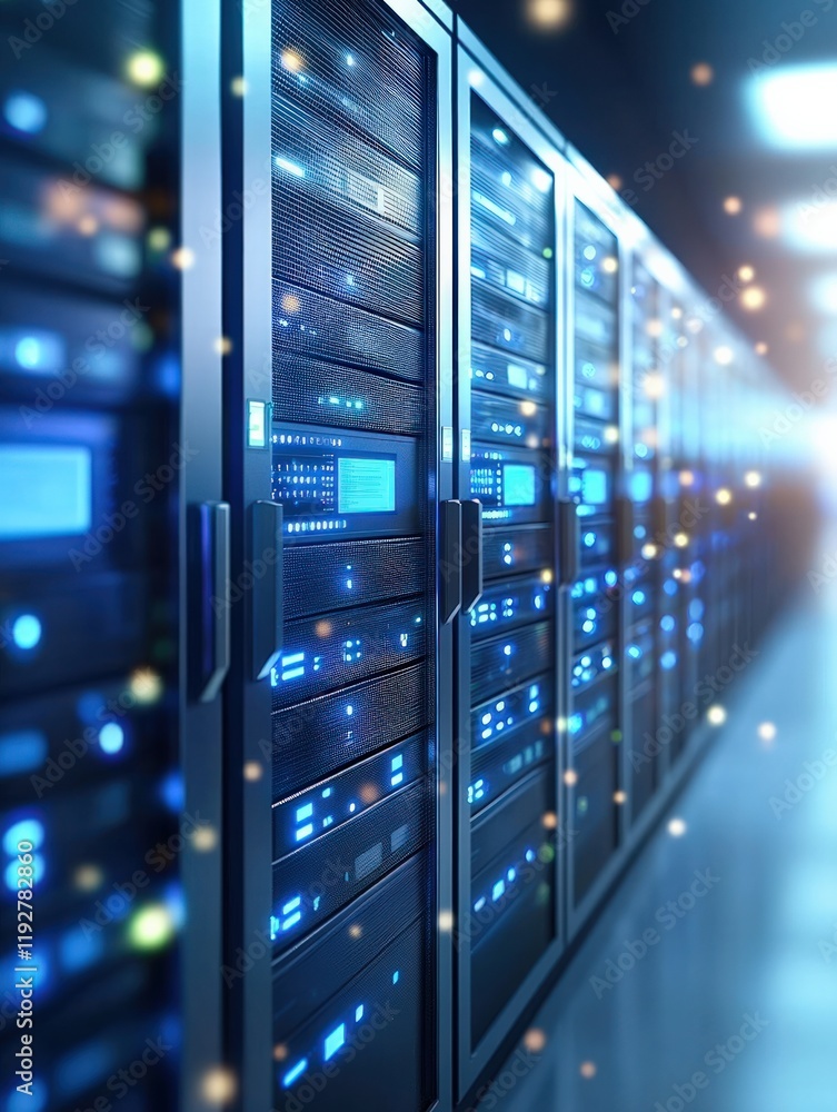 A futuristic data center with rows of server racks illuminated by blue lights, conveying a sense of advanced technology and connectivity. A futuristic data center with rows of server racks illuminated by blue lights, conveying a sense of advanced technology and connectivity.