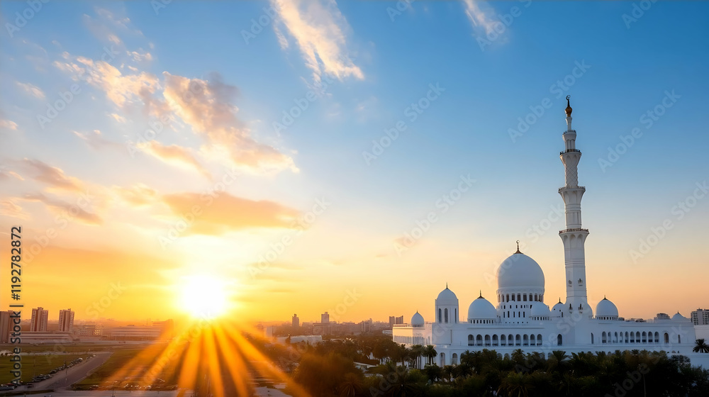 Obraz premium Sunrise over Abu Dhabi's Grand Mosque, showcasing its architectural splendor against a vibrant sky, with a cityscape in the background; ideal for travel, tourism, and religious publications