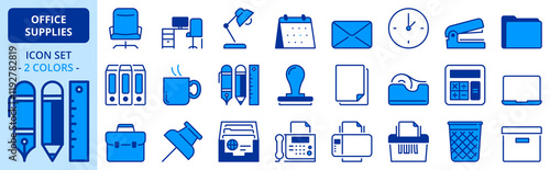 Icons in two colors about office supplies