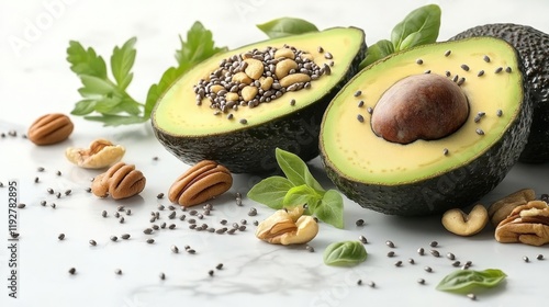 Close-up of halved avocados with chia seeds, pecans, and cashews, garnished with parsley and basil, on a marble background.  A vibrant and healthy foo photo