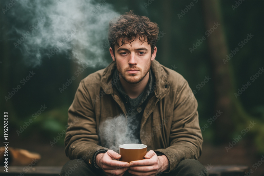 man with coffee cup sitting outdoors in cold weather with steam rising man with coffee cup sitting outdoors in cold weather with steam rising