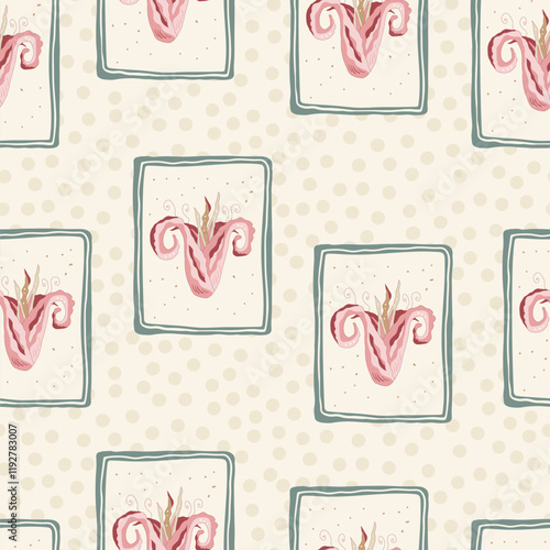 Indian chintz tulip seamless pattern. Farmhouse Modern flower in retro vintage frame on dots endless background. Floral repeat cover with wildflower motif. Vector hand drawn illustration. photo