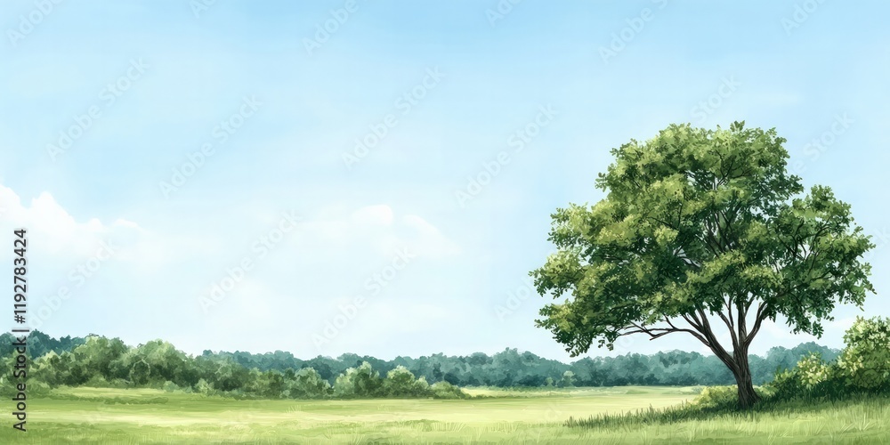 A serene landscape featuring a lush green tree against a clear blue sky, surrounded by a vast grassy field and distant woods. A serene landscape featuring a lush green tree against a clear blue sky, surrounded by a vast grassy field and distant woods.