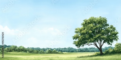 A serene landscape featuring a lush green tree against a clear blue sky, surrounded by a vast grassy field and distant woods.