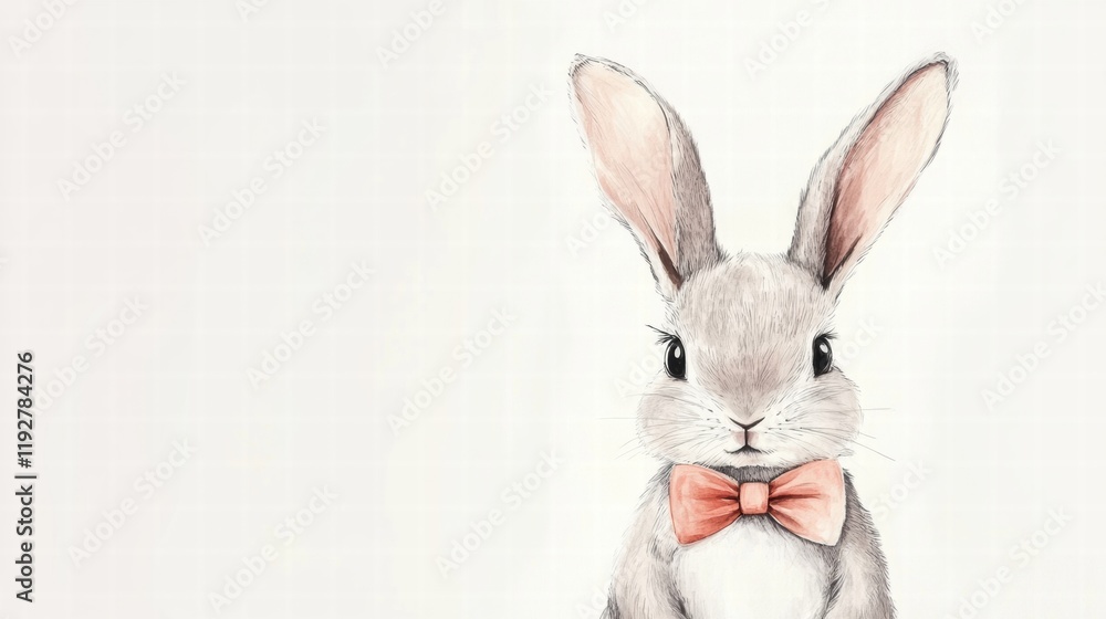 Fototapeta premium Cute illustrated rabbit wearing a pink bow tie with large ears and a gentle expression on a light background. Generative AI