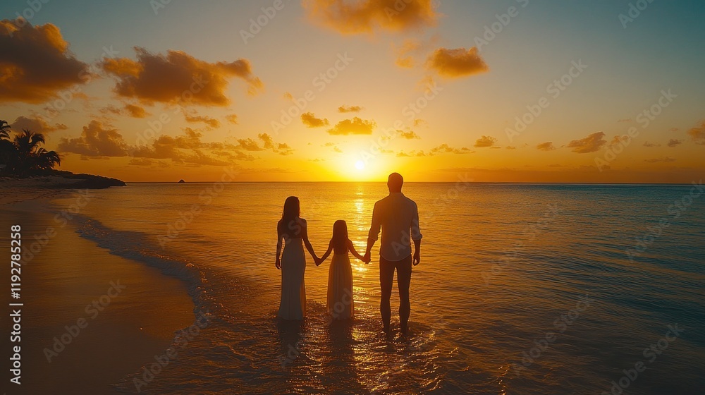 Fototapeta premium Family silhouette at sunset beach.