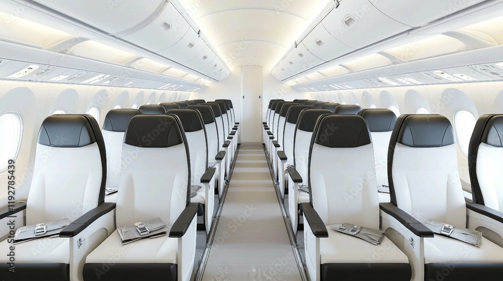 Modern Airplane Interior with Rows of Empty Seats and Bright Lighting Modern Airplane Interior with Rows of Empty Seats and Bright Lighting