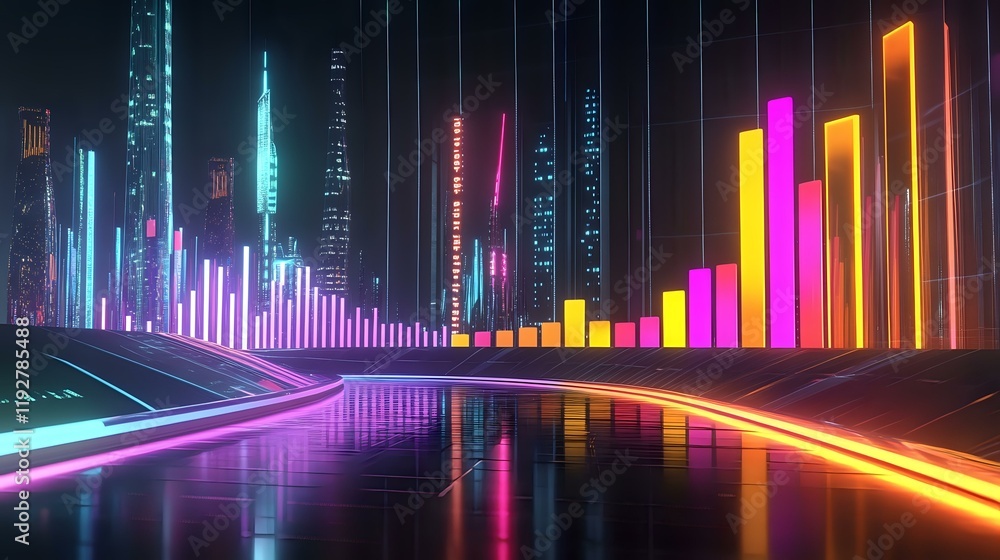 Financial chart with glowing bars and smooth lines in neon colors, placed in front of a polished, futuristic urban skyline Financial chart with glowing bars and smooth lines in neon colors, placed in front of a polished, futuristic urban skyline