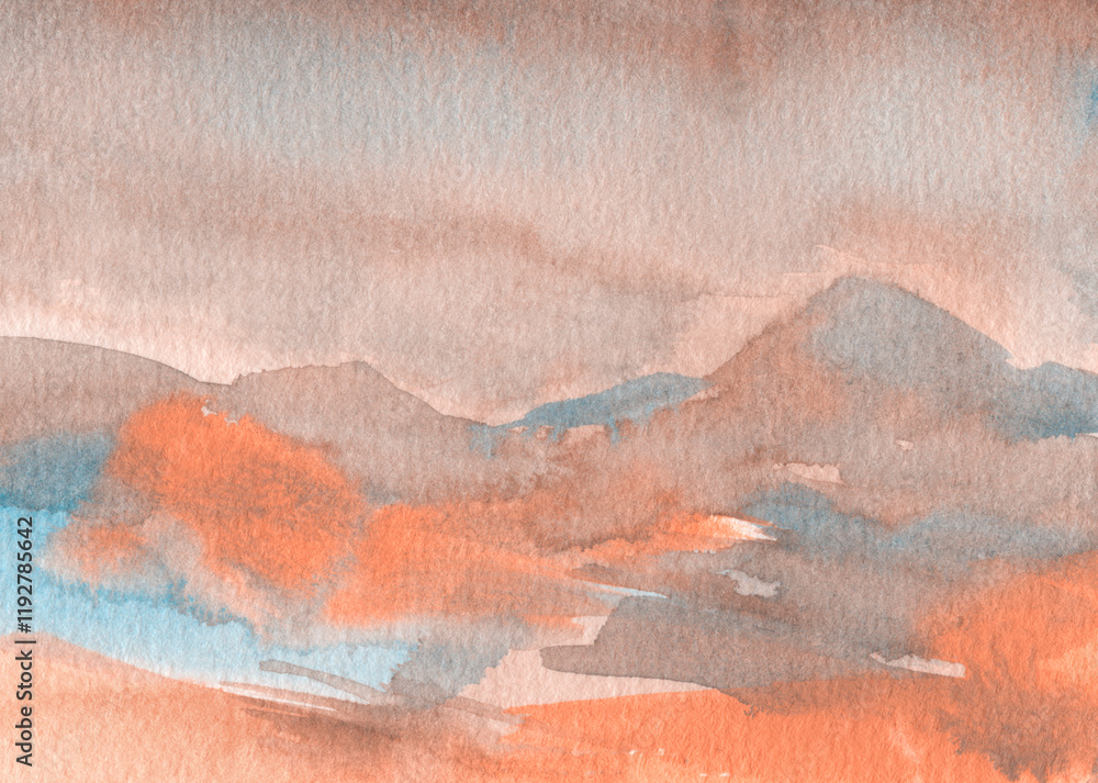 Naklejka premium Beautiful abstract landscape. Watercolor on paper. Versatile artistic image for creative design projects: posters, banners, cards, prints, wallpapers. Traditional artist-made art. Raster illustration.