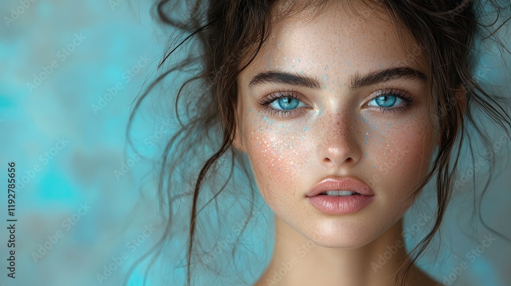 Close-up portrait of a young woman with striking blue eyes and natural makeup against a soft blue background Close-up portrait of a young woman with striking blue eyes and natural makeup against a soft blue background