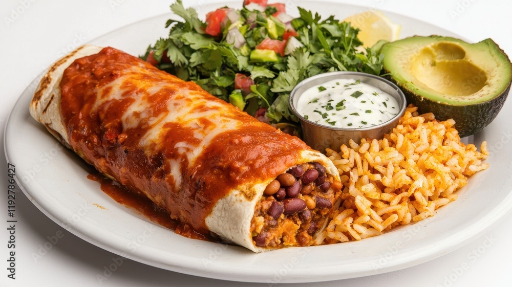 Delicious Burrito Meal Mexican Food Rice Beans Salsa and Avocado Delicious Burrito Meal Mexican Food Rice Beans Salsa and Avocado