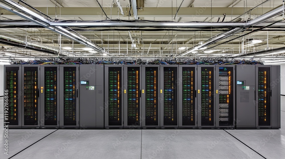 Naklejka premium Advanced Supercomputer Processing Data with Blinking Lights and Cables in Dark Room, Emphasizing High-Tech and Data Handling Abilities