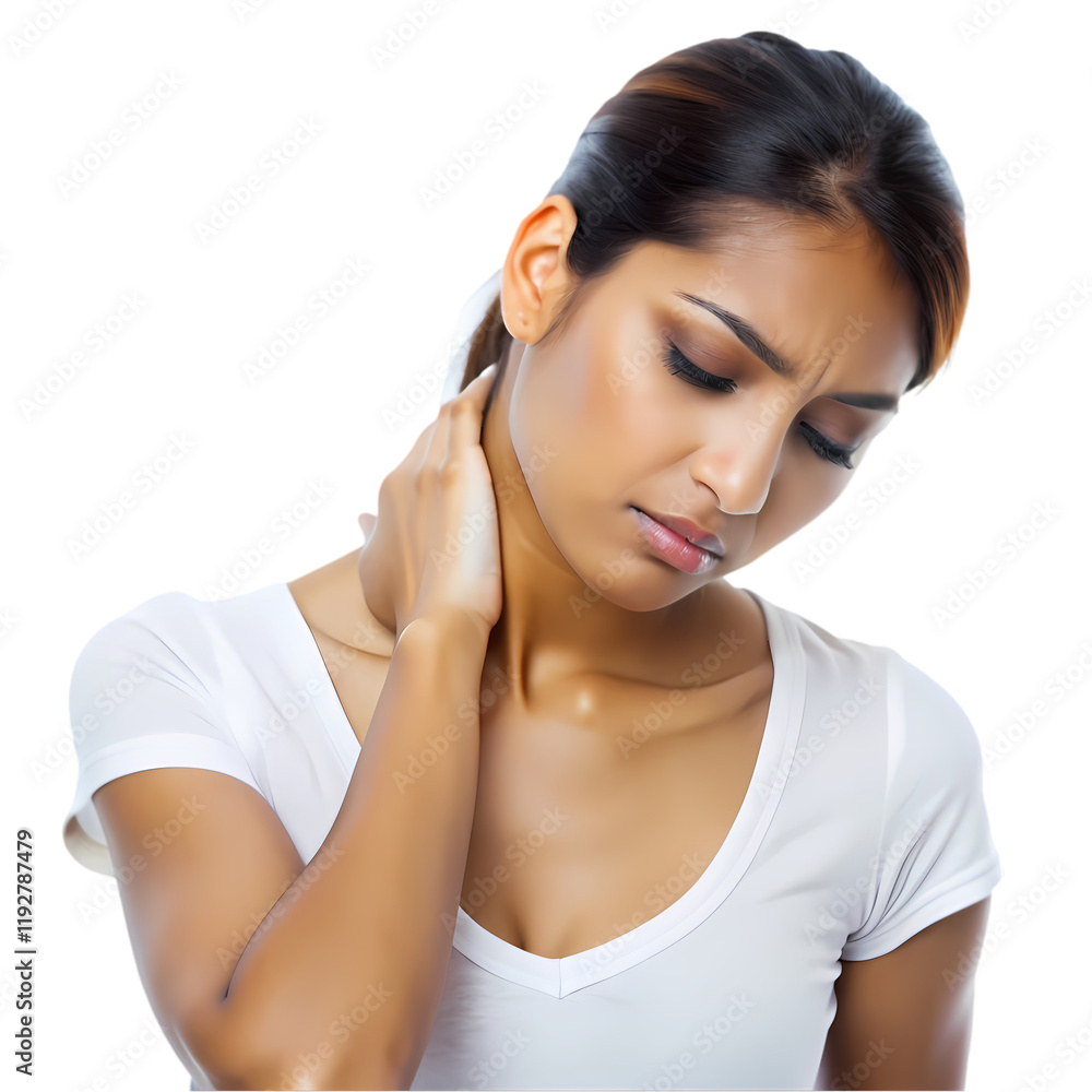 Gorgeous lady experiencing discomfort in her neck isolated on transparent background Gorgeous lady experiencing discomfort in her neck isolated on transparent background