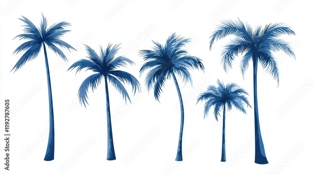 Obraz premium Blue Silhouette of Five Elegant Tropical Palm Trees on White Background