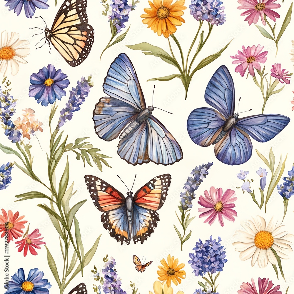Beautiful watercolor seamless pattern featuring vibrant butterflies and wildflowers on a white background. Perfect for textile prints, wallpaper, and more. Beautiful watercolor seamless pattern featuring vibrant butterflies and wildflowers on a white background. Perfect for textile prints, wallpaper, and more.