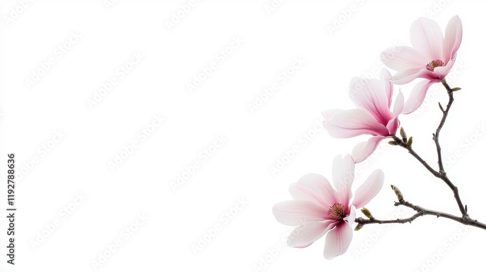 Fototapeta premium Delicate Pink Magnolia Flowers on Branch Against White Background