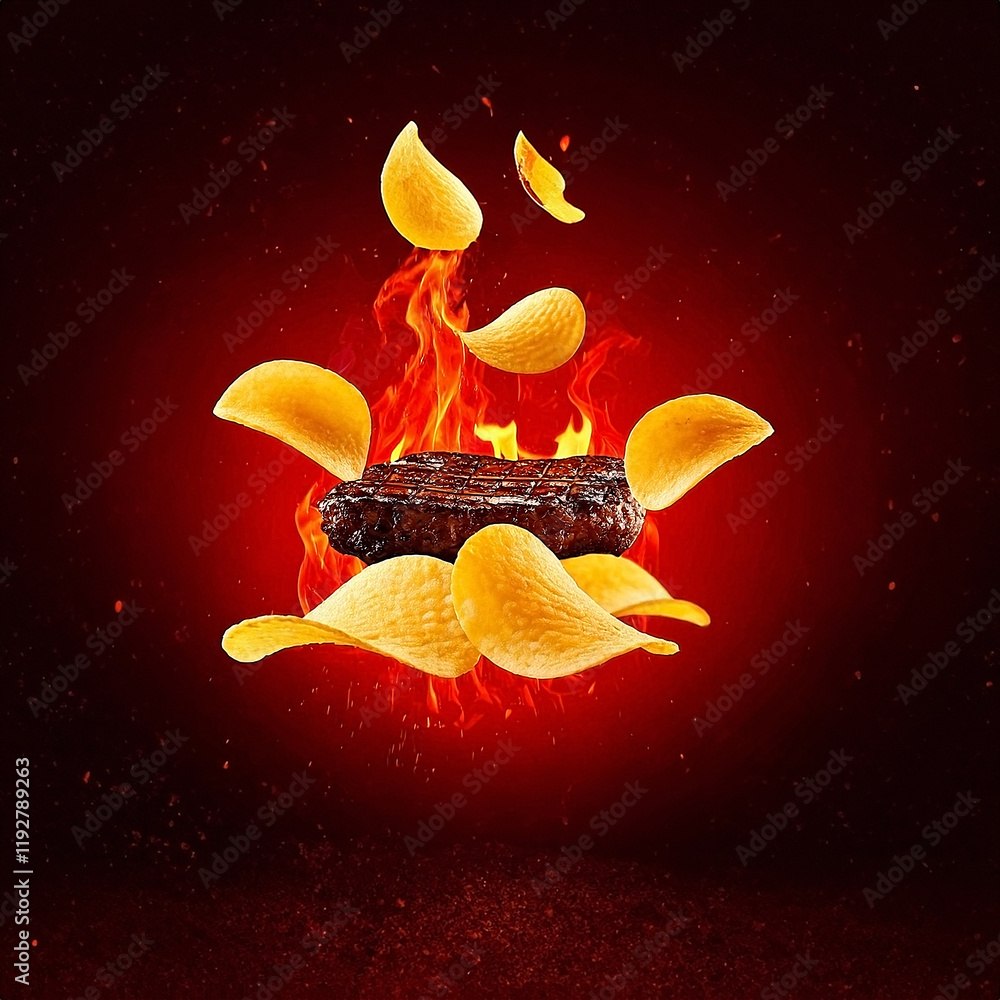 Generated image bbq steak meat and potato chips with hot fiery background Generated image bbq steak meat and potato chips with hot fiery background