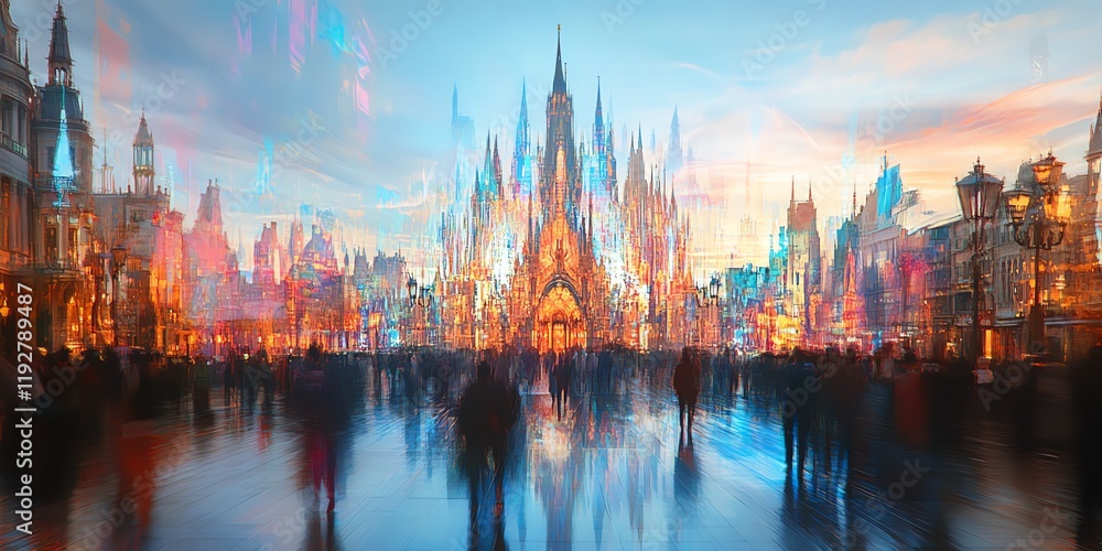 Fototapeta premium Wide-angle view of a whimsical castle merging with a bustling cityscape