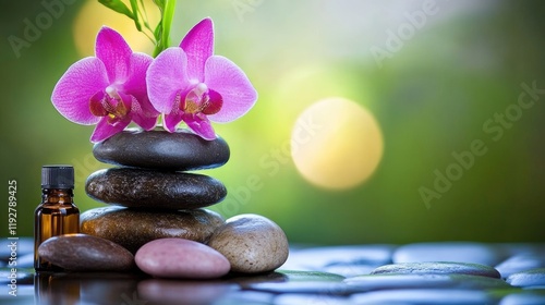 Spa setup featuring a comfortable massage table, stones, and fragrant essential oils.