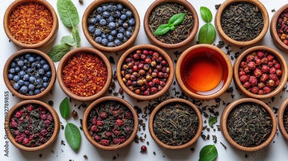 Assortment of Dried Tea Leaves and Berries in Wooden Bowls