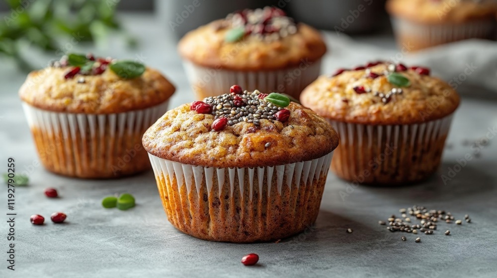 Close-up of delicious muffins topped with chia seeds and pomegranate seeds, arranged on a rustic grey surface Close-up of delicious muffins topped with chia seeds and pomegranate seeds, arranged on a rustic grey surface