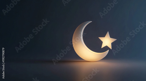 A gold crescent moon and stars 3d illustration illuminates the dark background for islamic ramadan celebration