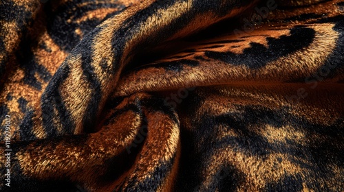 Luxurious abstract design of black and orange animal print fabric swirls photo