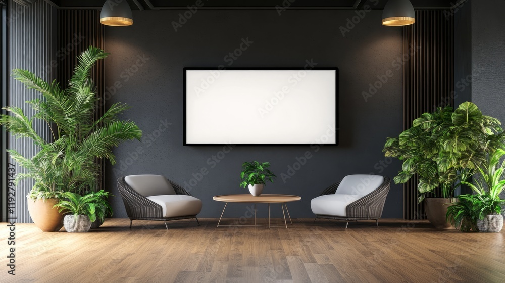 Contemporary office waiting area with a blank digital screen, comfortable seating, a table, and plants, all set against wooden floors in a 3D-rendered design Contemporary office waiting area with a blank digital screen, comfortable seating, a table, and plants, all set against wooden floors in a 3D-rendered design