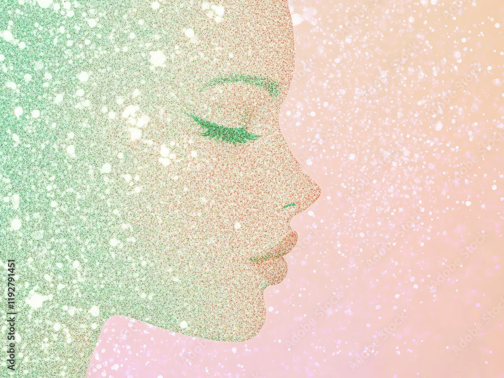 Fototapeta premium Serene Sparkle: A dreamy profile of a woman, her face delicately rendered in shades of pastel green and pink glitter, evokes a sense of calm and ethereal beauty. 
