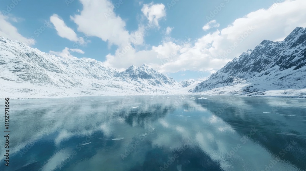 Obraz premium The icy expanse of a large, peaceful lake in the heart of winter.