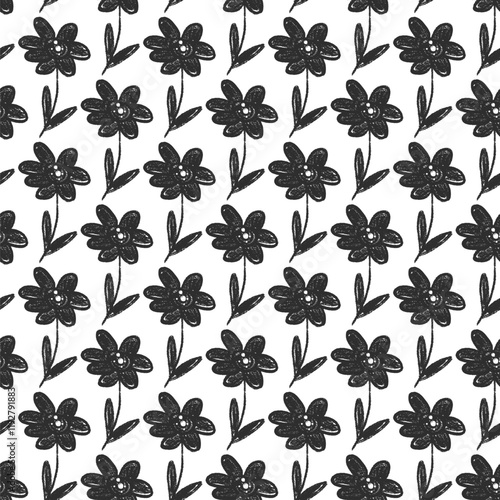 Flowers seamless pattern. Black and white floral stencil allover background. Cosmos charcoal drawn repeat cover. Surface pattern design spring motif. Vector hand drawn monochrome illustration.