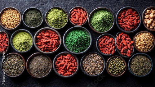 Collection of various superfoods in bowls, showcasing vibrant colors and textures. Top view, dark background. photo