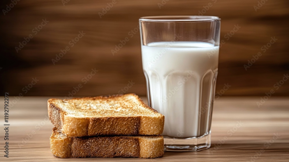 Toasted bread beside a half-full milk glass on a wooden table.
