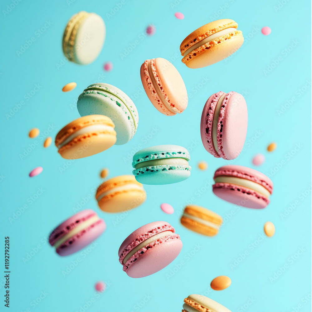 Colorful Macarons Dance in the Air, Creating a Whimsical Confectionery Spectacle Against a Bright Backdrop. Generative AI Colorful Macarons Dance in the Air, Creating a Whimsical Confectionery Spectacle Against a Bright Backdrop. Generative AI