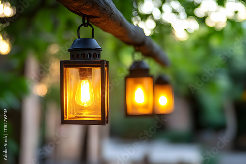 Three illuminated lanterns hang from a rustic wooden beam in a lush garden at dusk; perfect for romantic, outdoor, or evening event themes photo