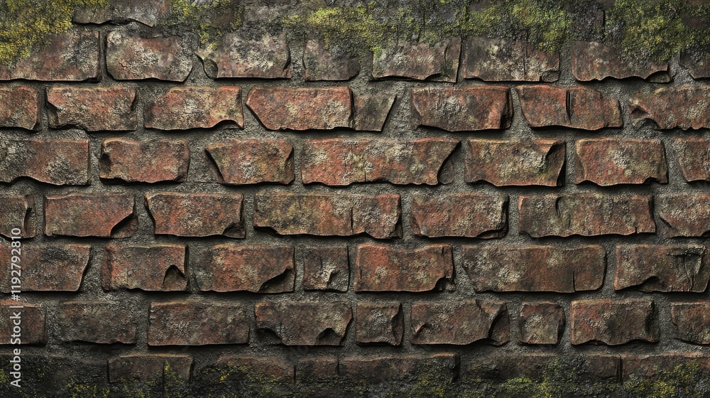 Rustic stone wall with weathered bricks and moss texture background Rustic stone wall with weathered bricks and moss texture background