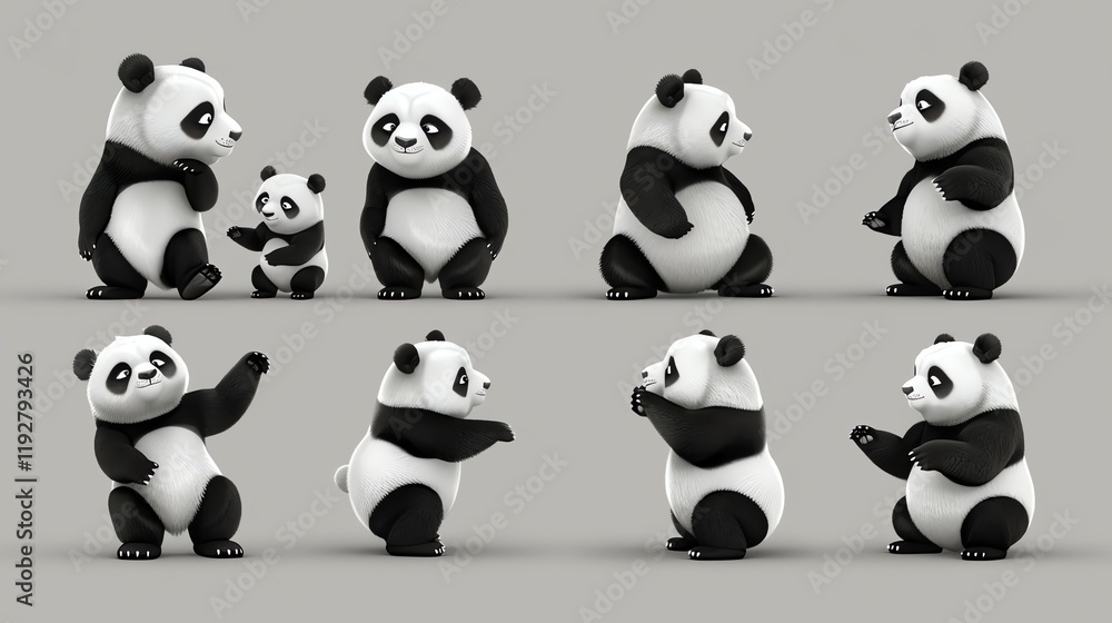 Obraz premium A set of eight images of a cartoon panda bear in various poses.