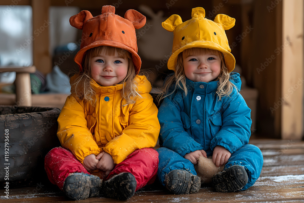 Children in a kindergarten dressed as farmers, pretending to care for imaginary animals. A playful activity teaches nature and responsibility Children in a kindergarten dressed as farmers, pretending to care for imaginary animals. A playful activity teaches nature and responsibility
