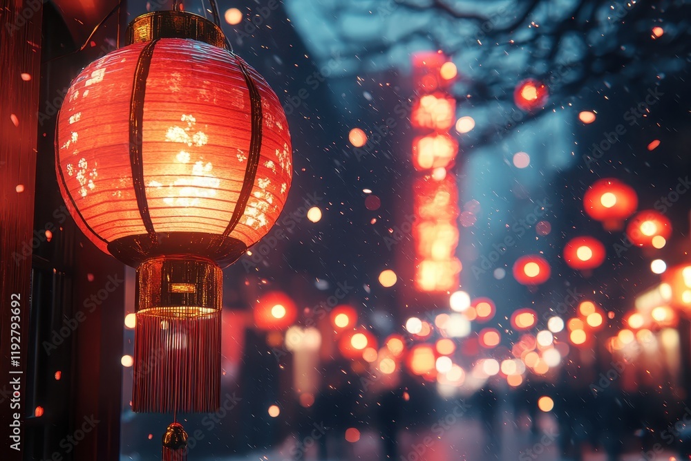 Traditional Red Lanterns Illuminate a Snowy Street in a Festive Night Scene with Bokeh Lights Traditional Red Lanterns Illuminate a Snowy Street in a Festive Night Scene with Bokeh Lights
