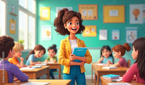 Smiling teacher engaging with students in vibrant classroom, education