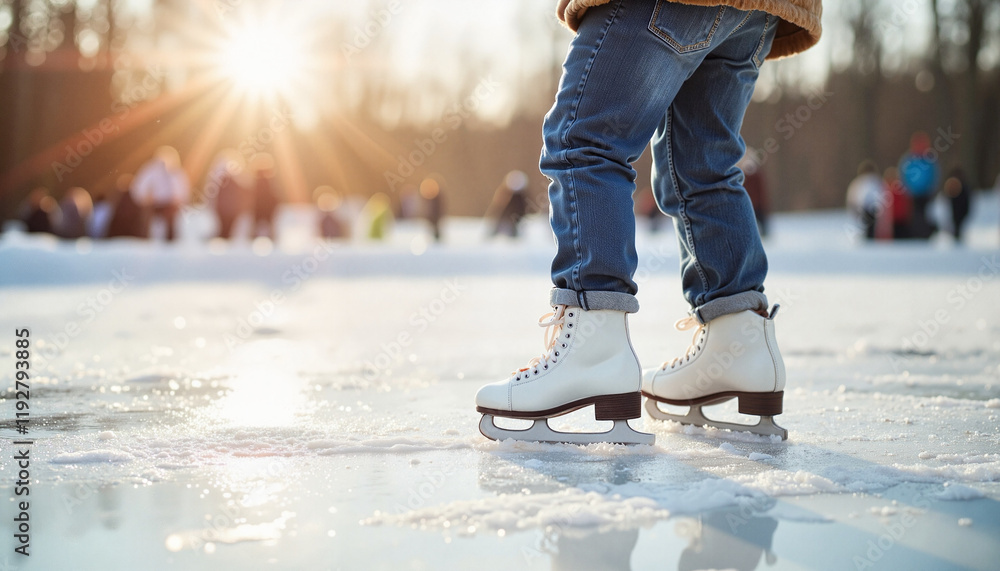 Child excitedly preparing to skate on icy rink, winter joy Child excitedly preparing to skate on icy rink, winter joy