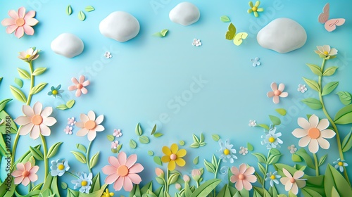 A colorful background with paper flowers, butterflies, and clouds.