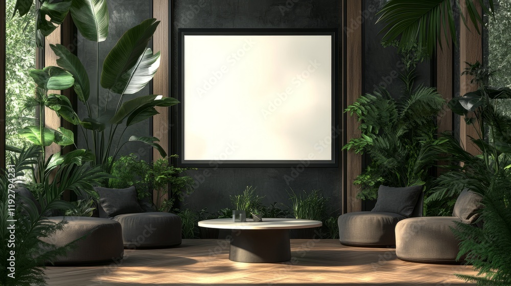 Minimalist waiting area in an office with a blank digital screen, plush seating, a sleek table, greenery, and wooden flooring, captured in a 3D rendering